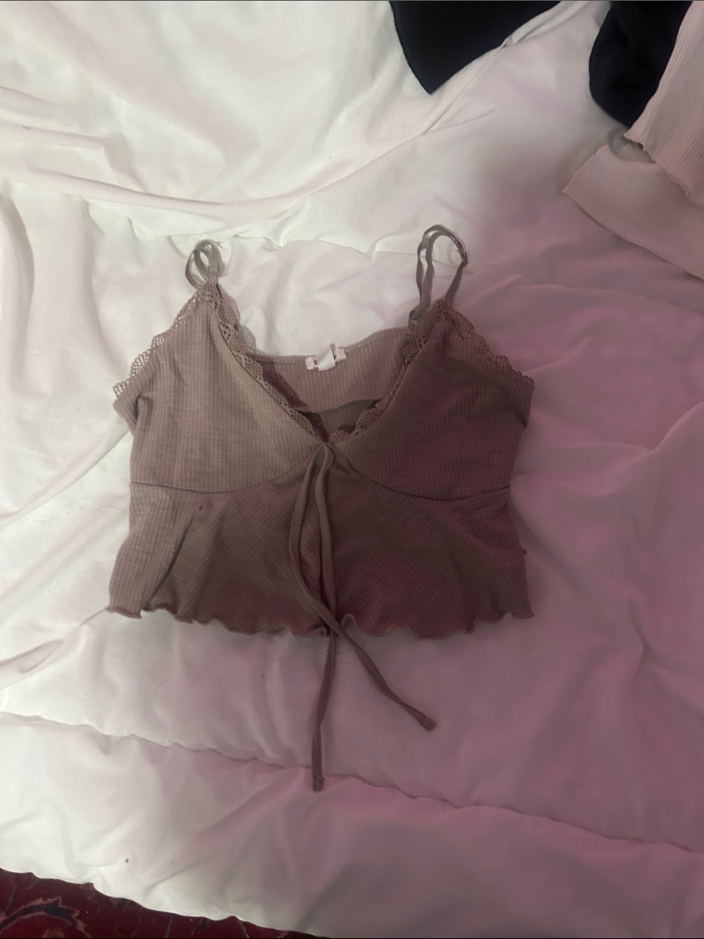 Garage Ribbed Lace-Trim Tie-Front Crop Camisole - Taupe